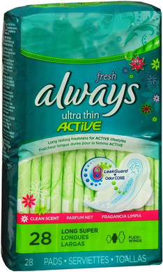 Always Ult Thn Act Lng Sp Size 28Ct Always Fresh Ultra Thin Active Long Super W/Wings 28Ct