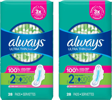Always Ultra Thin Pads Size 2 Super Long Absorbency Scented With Wings, 28 Count (Pack Of 2), Packaging May Vary