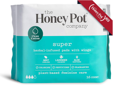 The Honey Pot Company Clean Cotton Super Absorbency Pads, Herbal-Infused Pads With Wings, Plant-Derived Feminine & Menstrual Care  (Product) Red  16 Ct