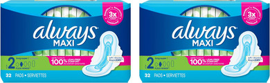 Always Maxi Unscented Pads With Wings, Long/Super 32 Count (Pack Of 2)