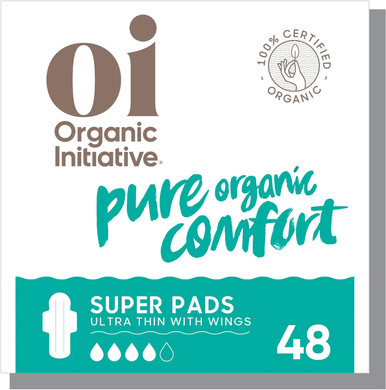 Oi | Organic Initiative - Ultra-Thin Pads With Wings | 100% Certified Organic Cotton, Unscented | Leak Free, Biodegradable | Non-Gmo, Toxin Free (Super, 48, Count)