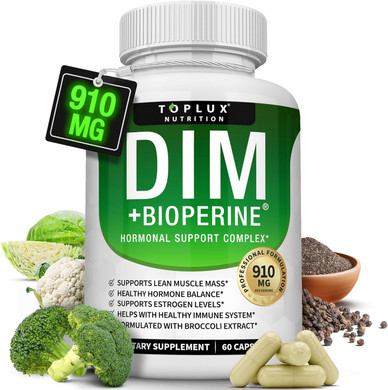 Dim Supplement 910 mg Plus BioPerine Complex - Diindolylmethane to Support Hormone Balance and Estrogen Metabolism, Helps with Menopause Acne PCOS Better Skin Bodybuilding, for Men Women, 60 Capsules