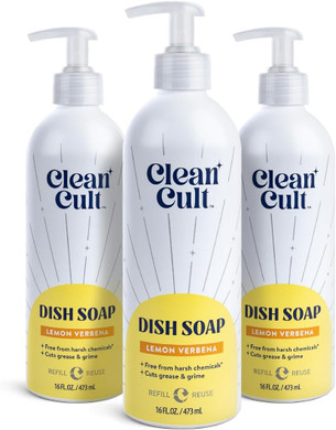 Cleancult - Lemon Verbena - Liquid Dish Soap - Refillable Aluminum Bottle - Dish Soap That Cuts Grease & Grime - 16 Oz - 3 Pack