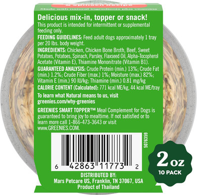 Greenies Smart Topper High Protein Wet Mix-In For Dogs, Chicken, Beef, Sweet Potatoes, Potatoes & Spinach Recipe In Vitabrothã¢Â Broth- Bone Broth + Vitamins E & B1, Pack Of 10