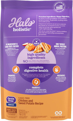 Halo Purely For Pets Holistic Dog Food, Complete Digestive Health Grain Free Cage-Free Chicken And Sweet Potato Recipe, Dry Dog Food Bag, Senior Formula, 10-Lb Bag