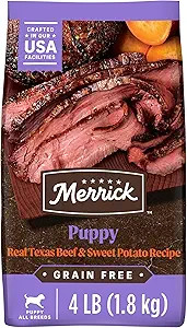 Merrick Premium Grain Free Dry Puppy Food, Wholesome And Natural Kibble With Real Texas Beef And Sweet Potato - 4.0 Lb. Bag