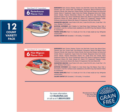 Blue Buffalo Delights Natural Adult Small Breed Wet Dog Food Variety Pack, Made With Natural Ingredients, Filet Mignon Flavor Patã£Â© & Porterhouse Flavor Patã£Â©, 3.5-Oz. Cups (12 Count, 6 Of Each)