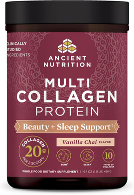 Ancient Nutrition Collagen Powder Protein, Multi Collagen Protein Beauty + Sleep With Vitamin C, Vanilla Chai, Hydrolyzed Collagen Peptides Supports Skin And Nails, Sleep, 16.1Oz