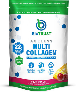 Biotrust Ageless Multi Collagen Peptides Powder  5 Types (I, Ii, Iii, V, X)  Fruit Punch Collagen Powder For Women & Men  Hydrolyzed Protein  Grass Fed Beef, Fish, Chicken, Eggshell Membrane