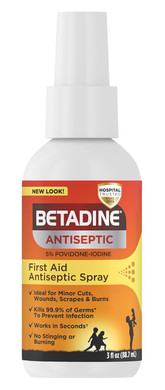Betadine Antiseptic First Aid Spray, Povidone-Iodine 5%, Infection Protection, Kills Germs In Minor Cuts Scrapes And Burns, No Sting Promise, No Alcohol Or Hydrogen Peroxide, 3 Fl Oz