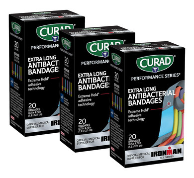Curad Performance Series Ironman Antibacterial Bandages, Extreme Hold Adhesive Technology, Extra Long Flexible Fabric Bandages For Cuts, Scrapes, & Burns, Assorted Colors, 0.75 X 4.75 Inches, 20 Count
