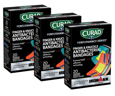 Curad Performance Series Ironman Antibacterial Bandages, Flexible Fabric, Variety Pack With Assorted Sizes & Colors, 20 Count (Pack Of 3)