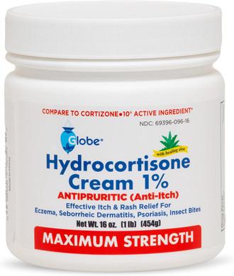 Globe Hydrocortisone Maximum Strength Cream 1% W/Aloe, 16 Oz, Anti-Itch Cream For Redness, Swelling, Itching, Rash, Bug/Mosquito Bites, Eczema, Hemorrhoids & More, 16 Oz Jar