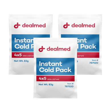 Dealmed Instant Cold Pack  Pack Of 3, 4" X 5" Disposable Cold Packs For Injuries, Swelling, Sprains, Muscle Soreness And More, No Refrigeration Single Squeeze Activation