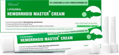 Ebanel 5% Lidocaine Hemorrhoid Treatment Cream With Witch Hazel, Phenylephrine, Horse Chestnut, Vitamin B6, Zinc Oxide, External And Internal Hemorrhoids Treatment Burn Itch Pain Relief Anal Cream