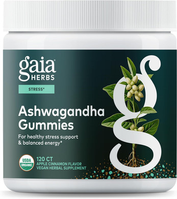 Gaia Herbs Organic Ashwagandha Gummies, Stress Support, Cinnamon, Ginger, Gluten Free, Vegan, 45 Count