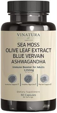 Organic Sea Moss, Blue Vervain - With Black Seed Oil, Ashwagandha, Ginger, Burdock Root Capsules - 1250Mg Per Serving, *Usa Made &Tested* Immune Booster For Adults