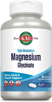 Kal Magnesium Glycinate Activgels 315Mg, High Absorption Magnesium Supplement For Muscle, Nerve & Bone Health Support, Non-Gmo, Gluten Free, 30 Servings, 90 Softgels