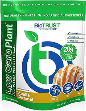 Biotrust Low Carb Plant, Delicious, Creamy, 20 Grams Of Clean, Complete, Plant-Based Protein, 5 Grams Fiber, 15 Superfoods, Vegan, Dairy-Free -14 Servings (Vanilla Caramel)