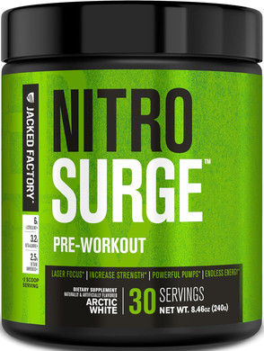 Jacked Factory Nitrosurge Pre Workout Supplement - Endless Energy, Instant Strength Gains, Clear Focus, Intense Pumps - No Booster & Powerful Preworkout Energy Powder - 30 Servings, Arctic White