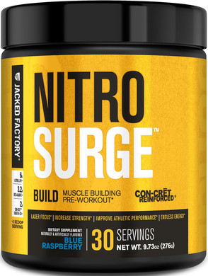 Jacked Factory Nitrosurge Build Pre Workout With Creatine For Muscle Building - Con Cret Creatine Powder & Elevatp For Intense Energy, Powerful Pump, & Endless Endurance - 30 Servings, Blue Raspberry