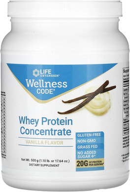 Life Extension Wellness Code Whey Protein Concentrate 20G Muscle Growth & Immune Health - Sourced From Grass-Fed, Free-Range, Hormone-Free Cows, Non-Gmo, No Added Sugar, Vanilla- 500G
