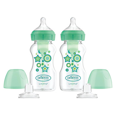 Dr. Brown'S Natural Flow Anti-Colic Options+Wide-Neck Sippy Bottle Starter Kit, 9Oz/270Ml, With Level 3 Medium-Fast Flow Nipple And 100% Silicone Soft Sippy Spout, 2 Pack, Green, 6M+