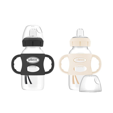 Dr. Brown'S Milestones Wide-Neck Sippy Spout Bottle With 100% Silicone Handles, Easy-Grip Handles With Soft Sippy Spout, 9Oz/270Ml, Black & Ecru, 2-Pack, 6M+