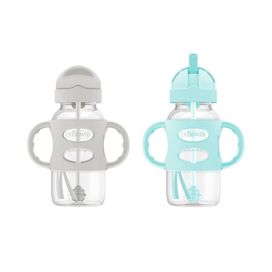 Dr. Brown'S Milestones Wide-Neck Sippy Straw Bottle With 100% Silicone Handles And Weighted Straw, 9 Oz/270 Ml, Gray & Green, 6M+