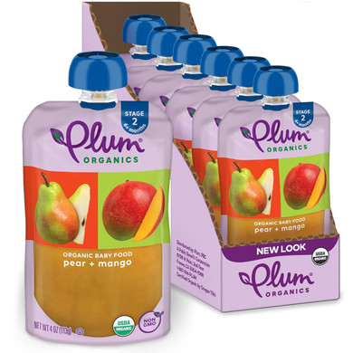 Plum Organics Stage 2 Organic Baby Food - Pear And Mango - 4 Oz Pouch (Pack Of 6) - Organic Fruit And Vegetable Baby Food Pouch