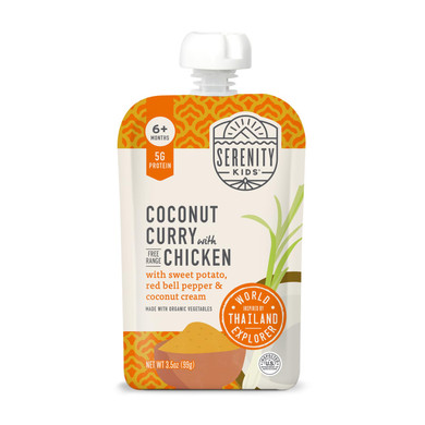 Serenity Kids 6+ Months World Explorers Baby Food Pouches Puree Made With Ethically Sourced Meats & Organic Veggies | 3.5 Ounce Bpa-Free Pouch | Chicken Coconut Curry | 12 Count