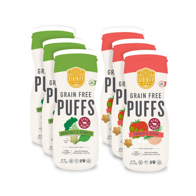 Serenity Kids 6+ Months Grain Free Puffs Toddler & Baby Snack | No Added Sugar, Gluten & Rice Free, Allergen Free | Made With Organic Cassava, Veggies, And Herbs | Bone Broth Variety Pack | 6 Count
