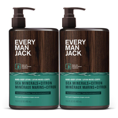 Every Man Jack Mens Amber + Sandalwood Hand & Body Lotion For All Skin Types - Dermatologist Tested & Hypoallergenic - Nourish Skin With Lightweight Fast Absorbing Lotion - 13.5Oz 2 Bottles