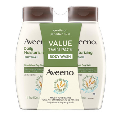 Aveeno Daily Moisturizing Body Wash For Dry & Sensitive Skin With Prebiotic Oat, Hydrating Body Wash Nourishes Dry Skin & Gently Cleanses, Light Fragrance, Sulfate-Free, 18 Fl. Oz, Pack Of 2