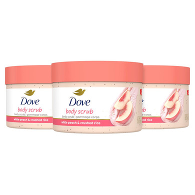 Dove Body Scrub White Peach & Crushed Rice 3 Count For Visibly Silky-Smooth, Nourished Skin, With ¼ Moisturizing Cream, 10.5 Oz