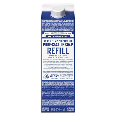 Dr. Bronner'S Pure-Castile Liquid Soap Refill - Made With Regenerative Organic Certified Oils, 82% Less Plastic - 18-In-1 Uses For Face, Body Wash, Hand Soap Refill & More - Peppermint, 32Oz