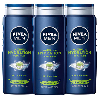 Nivea Men Maximum Hydration Body Wash With Aloe Vera, Long-Lasting Hydrating Body Wash For Men, 3 Pack Of 16.9 Fl Oz Bottles