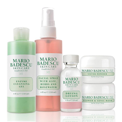 Mario Badescu Essentials 5 Piece Kit, Skincare Gift Set With Drying Lotion, Rose Water Facial Spray, Silver Powder, Enzyme Cleansing Gel And Flower & Tonic Mask