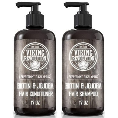 Viking Revolution Biotin Mens Shampoo And Conditioner Set - Eucalyptus Shampoo And Conditioner Set With Jojoba Oil And Mint Oil - Peppermint Oil Hair Conditioner For Men (17 Oz)