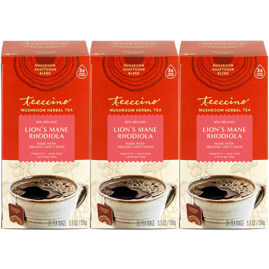 Teeccino Lionã¢ÂS Mane Rhodiola Tea - Rose - Caffeine-Free Mushroom Adaptogenic Herbal Tea, 3X More Herbs Than Regular Tea Bags, Lightly Sweet From Dates & Figs, Chicory Prebiotic - 25 Tea Bags (Pack Of 3)