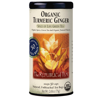 The Republic Of Tea  Organic Turmeric Ginger Green Tea Tin, 50 Tea Bags, Naturally Caffeinated
