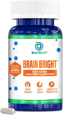 Biotrust Brain Bright  Daily Nootropic Boost For Focus, Concentration, Mental Clarity  Caffeine Free Nootropics Brain Support Supplement  Thai Ginger, Ginkgo, Folate, L-Theanine  30 Servings