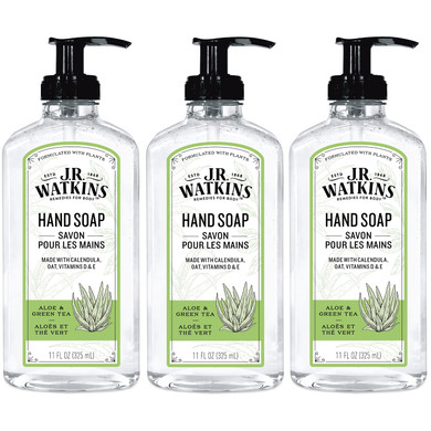 J.R. Watkins Liquid Hand Soap With Dispenser, Moisturizing Hand Soap, Alcohol-Free Hand Wash, Cruelty-Free, Usa Made Liquid Soap For Bathroom Or Kitchen, Aloe & Green Tea, 11 Fl Oz, 3 Pack