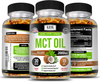 Kaya Naturals Mct Oil 2000Mg - Non-Gmo, Soy Free, Gluten Free - Supports Healthy Brain - Assists Functional Digestions & Supports Healthy Skin - 30Ct