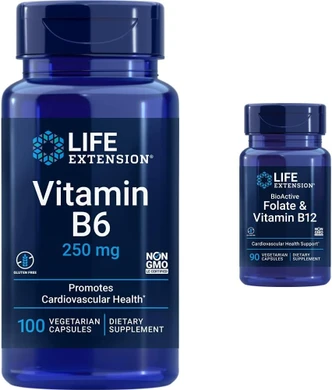 Life Extension Vitamin B6 250 Mg, 100 Vegetarian Capsules & Folate & Vitamin B12, Vegetarian Capsules, White, 90 Count