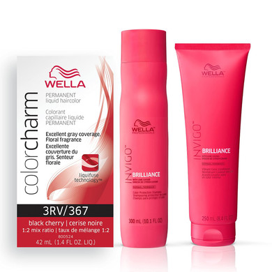 Wella Professionals Invigo Brilliance Color Protection Shampoo & Conditioner, For Fine Hair + Wella Colorcharm Permanent Liquid Hair Color For Gray Coverage, 3Rv Black Cherry
