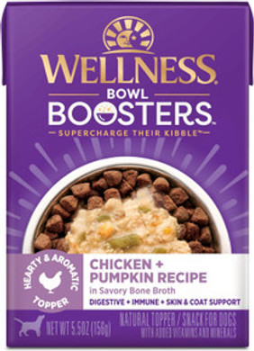Wellness Bowl Boosters Hearty Toppers, Chicken & Pumpkin Recipe In Savory Bone Broth Dog Food Toppers, 5.5 Ounce Pouch (Pack Of 12)