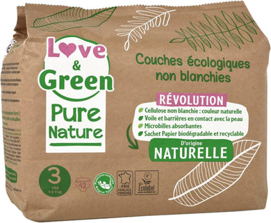 Love & Green Organic Diapers Pure Nature 42 Diapers Size 3 Midi (4 to 9kg)