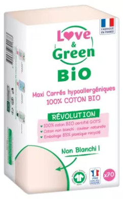 Love & Green Maxi Hypoallergenic Squares 100% Organic Cotton 70 Cottons