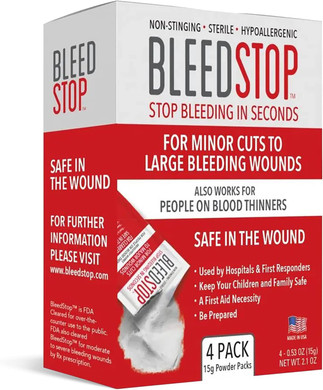 Bleedstopâ First Aid Powder For Blood Clotting, Trauma Kit, Blood Thinner Patients, Camping Safety, And Survival Equipment For Moderate To Severe Bleeding Wounds Or Nosebleeds - 4 (15G) Pouches